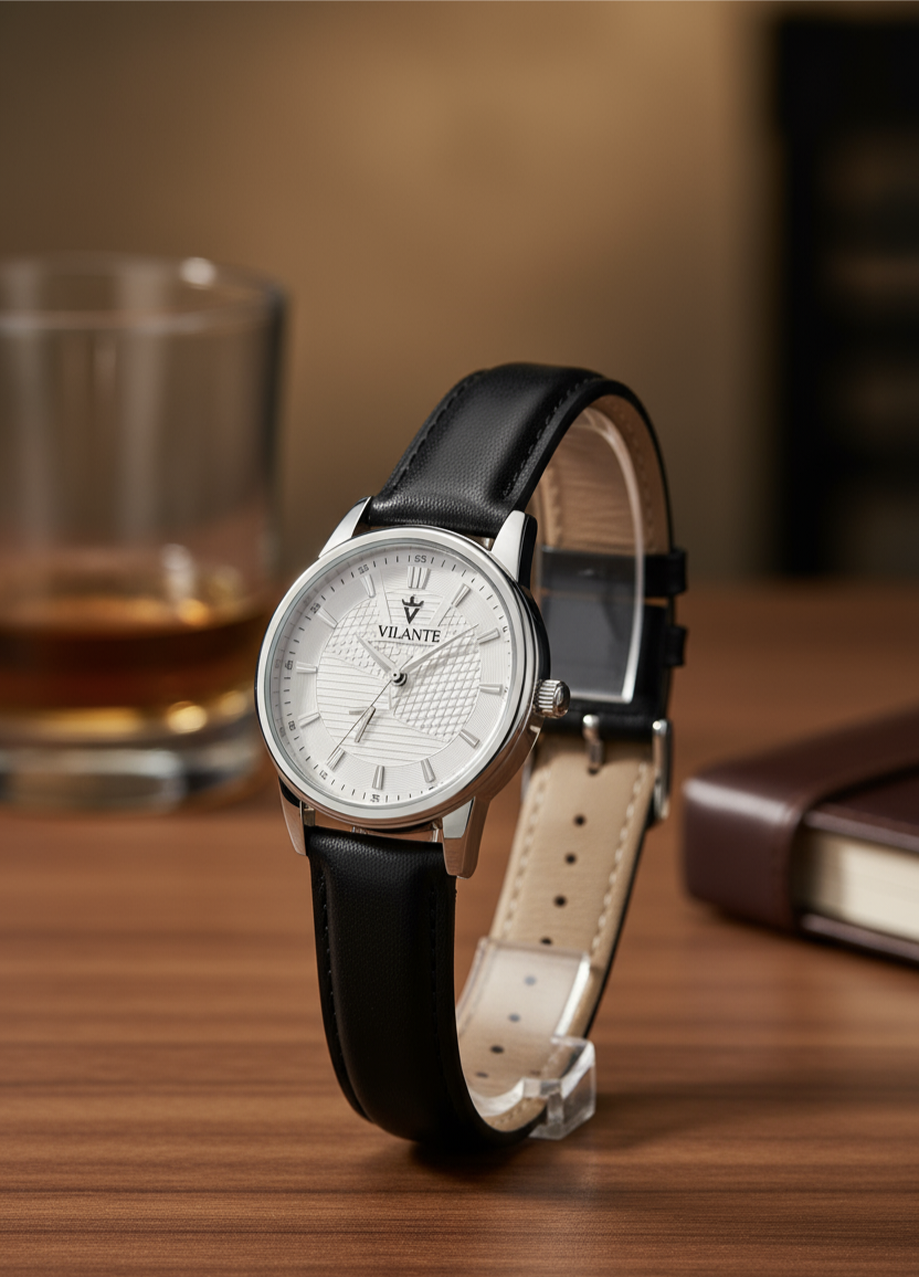 Vilante Classic White Dial Men’s Analog Watch with Black Leather Strap – Elegant Daily Wear