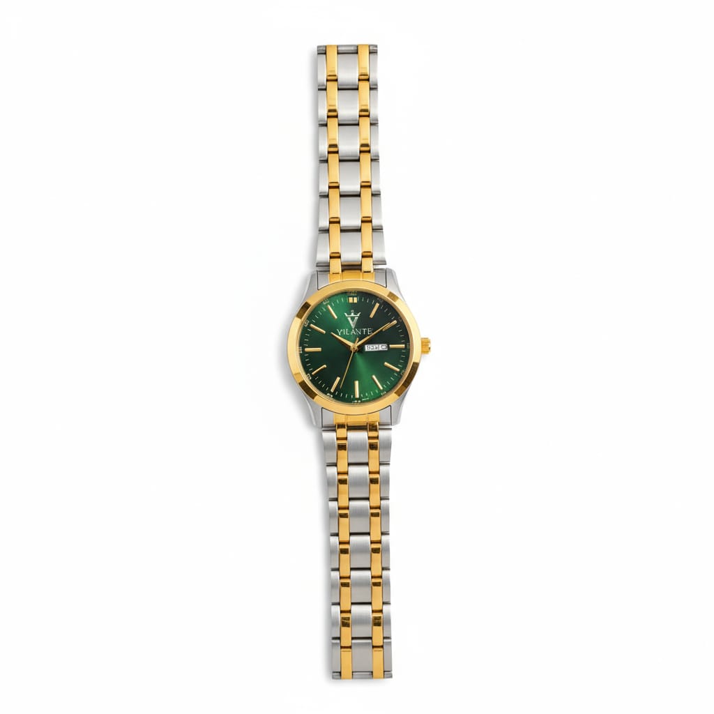 Vilante Green Dial Two-Tone Men’s Analog Watch with Gold & Silver Strap and Day-Date