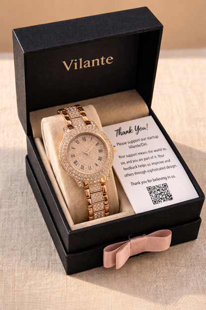Vilante Women’s Luxury Rose Gold Crystal Studded Watch | Elegant Stainless Steel Bracelet | Premium Designer Wrist Watch for Women & Girls