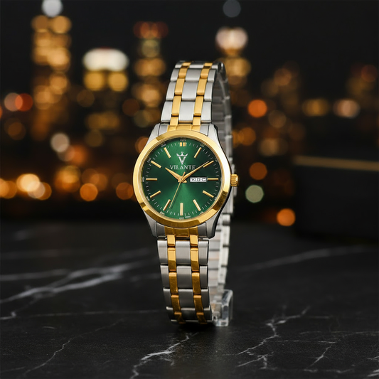 Vilante Green Dial Two-Tone Men’s Analog Watch with Gold & Silver Strap and Day-Date