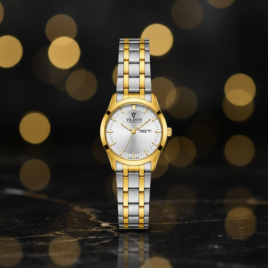 Vilante Two-Tone Gold & Silver Men’s Analog Watch with White Dial & Day-Date