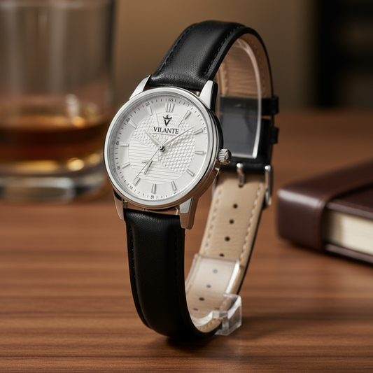 Vilante Classic White Dial Men’s Analog Watch with Black Leather Strap – Elegant Daily Wear