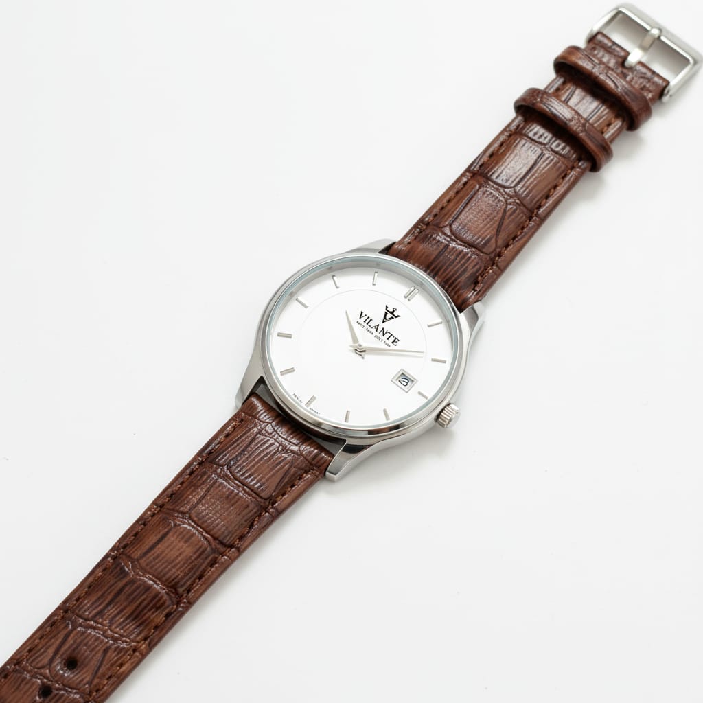 Vilante Classic White Dial Men’s Analog Watch with Brown Leather Strap – Elegant Office & Casual Wear