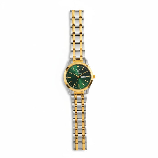Vilante Green Dial Two-Tone Men’s Analog Watch with Gold & Silver Strap and Day-Date