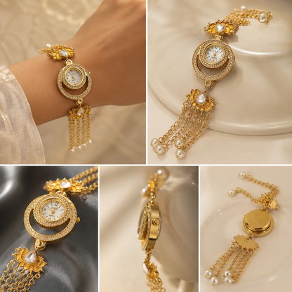 Luxury Gold Floral Bracelet Watch for Women | Pearl Tassel Designer Analog Watch | Premium Ethnic Party Wear Watch