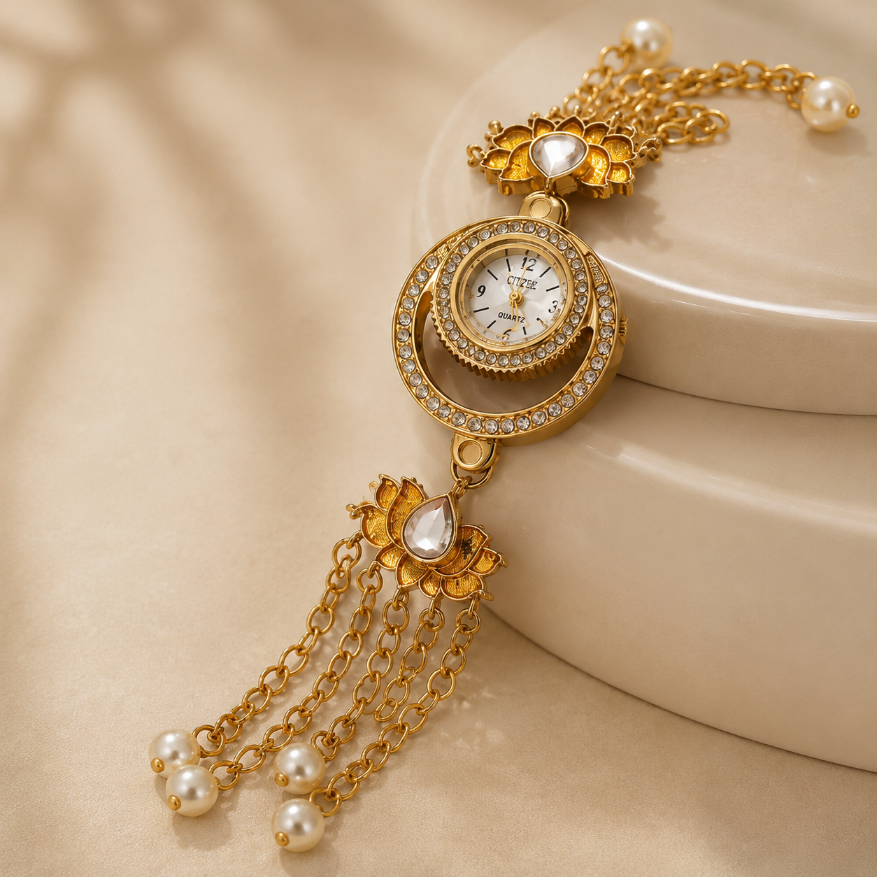 Luxury Gold Floral Bracelet Watch for Women | Pearl Tassel Designer Analog Watch | Premium Ethnic Party Wear Watch