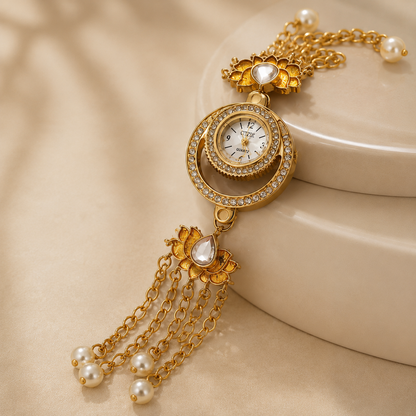 Luxury Gold Floral Bracelet Watch for Women | Pearl Tassel Designer Analog Watch | Premium Ethnic Party Wear Watch