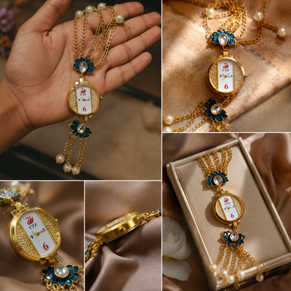 Vilante Lotus Pearl Pendant Watch for Women | Gold-Tone Designer Necklace Watch | Elegant Ethnic Jewelry Timepiece