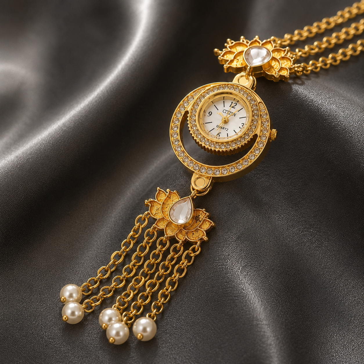 Luxury Gold Floral Bracelet Watch for Women | Pearl Tassel Designer Analog Watch | Premium Ethnic Party Wear Watch