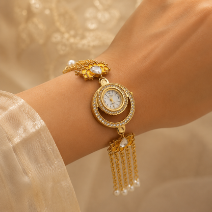 Luxury Gold Floral Bracelet Watch for Women | Pearl Tassel Designer Analog Watch | Premium Ethnic Party Wear Watch