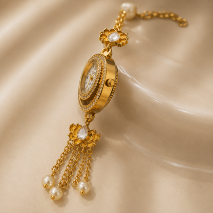 Luxury Gold Floral Bracelet Watch for Women | Pearl Tassel Designer Analog Watch | Premium Ethnic Party Wear Watch