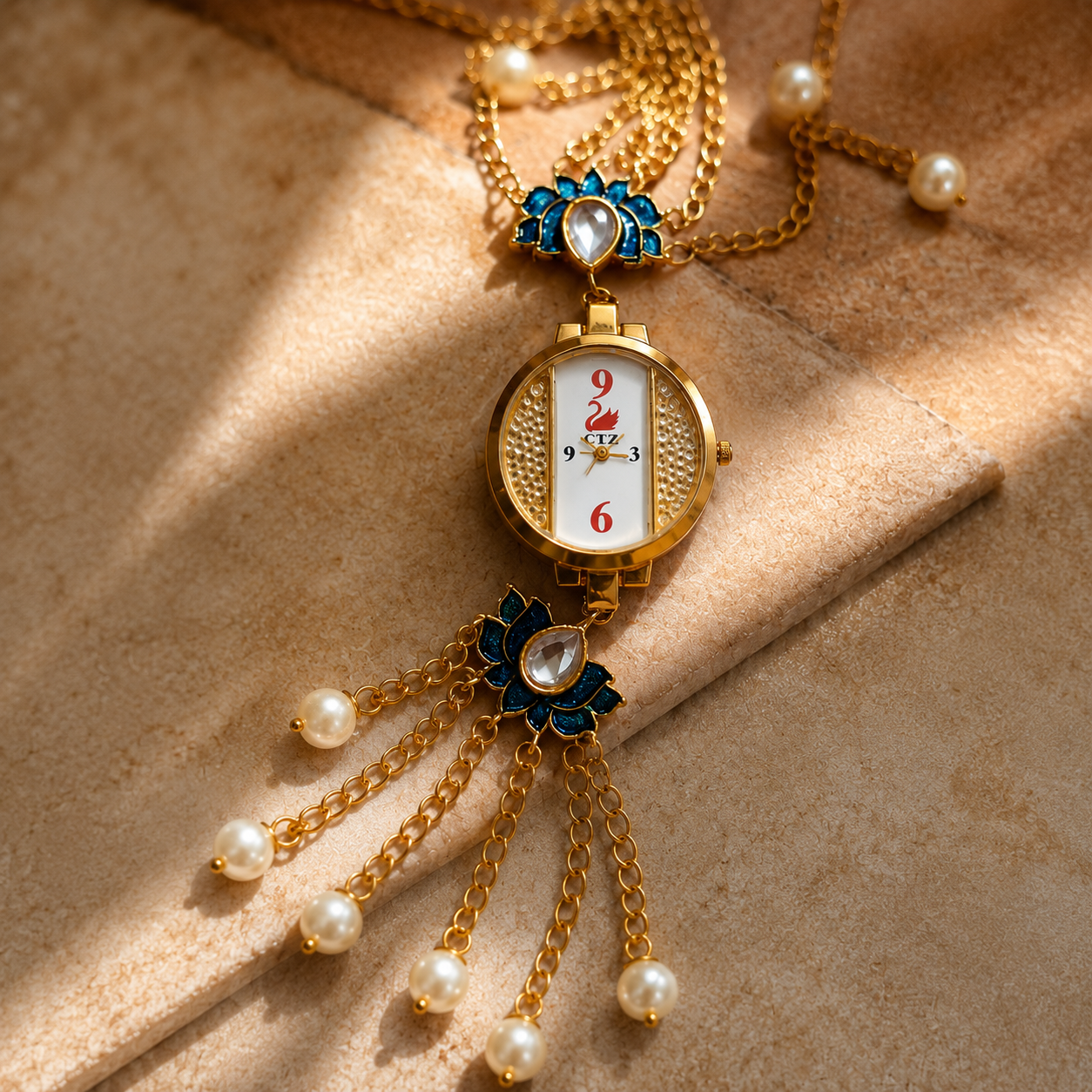 Vilante Lotus Pearl Pendant Watch for Women | Gold-Tone Designer Necklace Watch | Elegant Ethnic Jewelry Timepiece