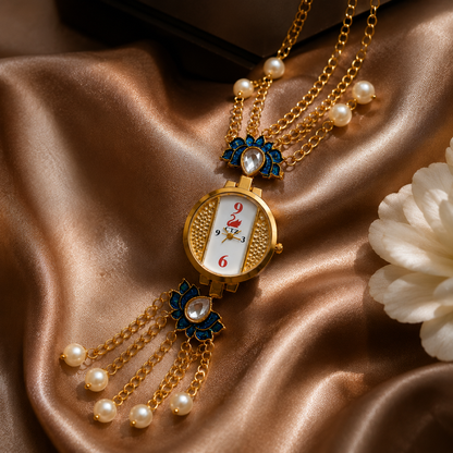 Vilante Lotus Pearl Pendant Watch for Women | Gold-Tone Designer Necklace Watch | Elegant Ethnic Jewelry Timepiece
