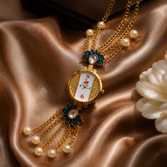 Vilante Lotus Pearl Pendant Watch for Women | Gold-Tone Designer Necklace Watch | Elegant Ethnic Jewelry Timepiece