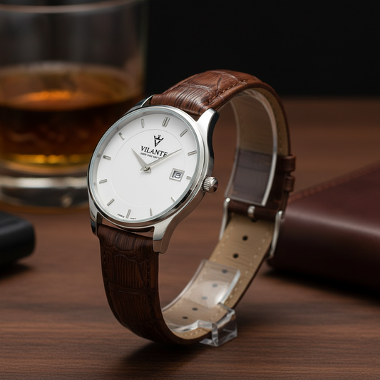 Vilante Classic White Dial Men’s Analog Watch with Brown Leather Strap – Elegant Office & Casual Wear